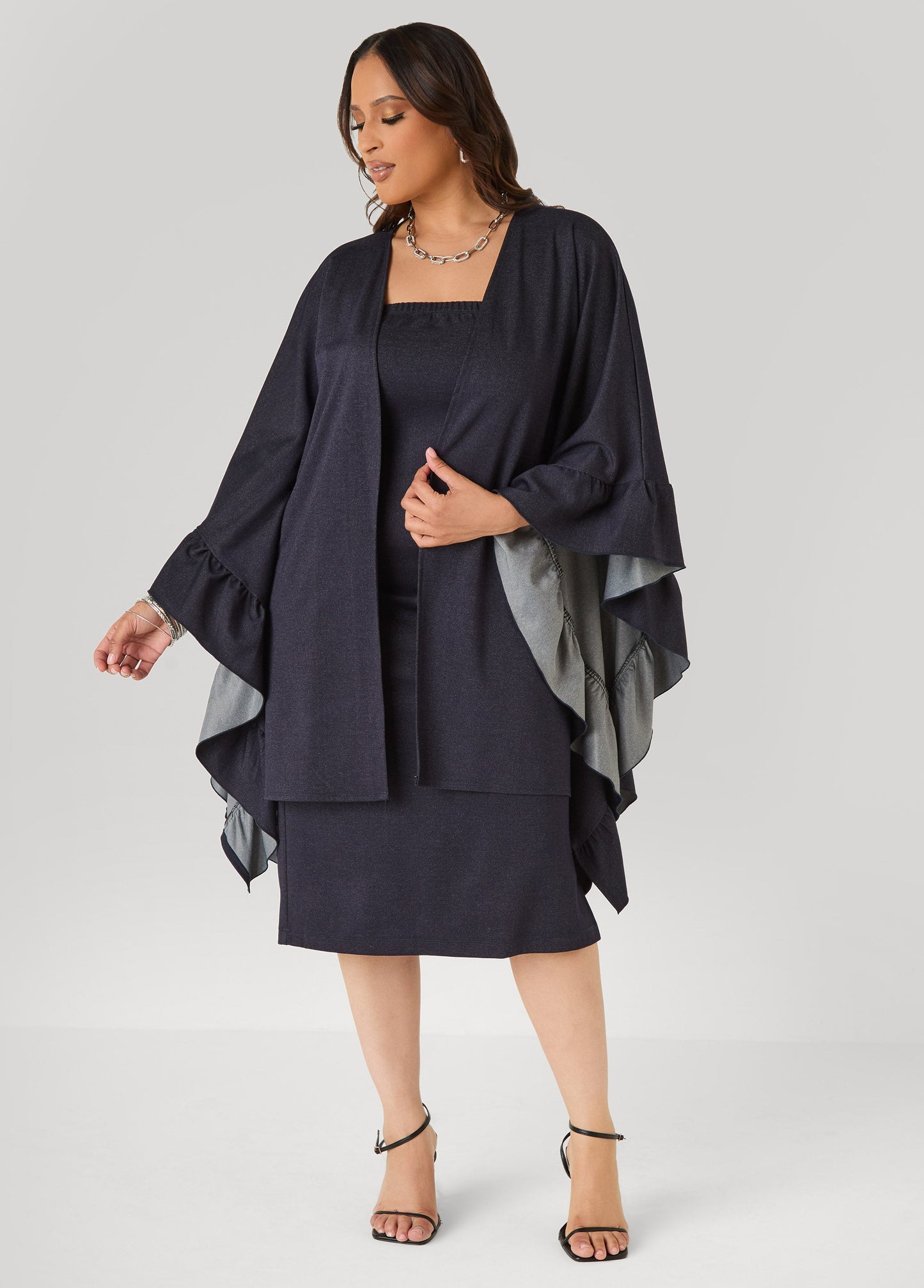 Ashley Stewart Ruffle Trimmed Denim Kimono Denim