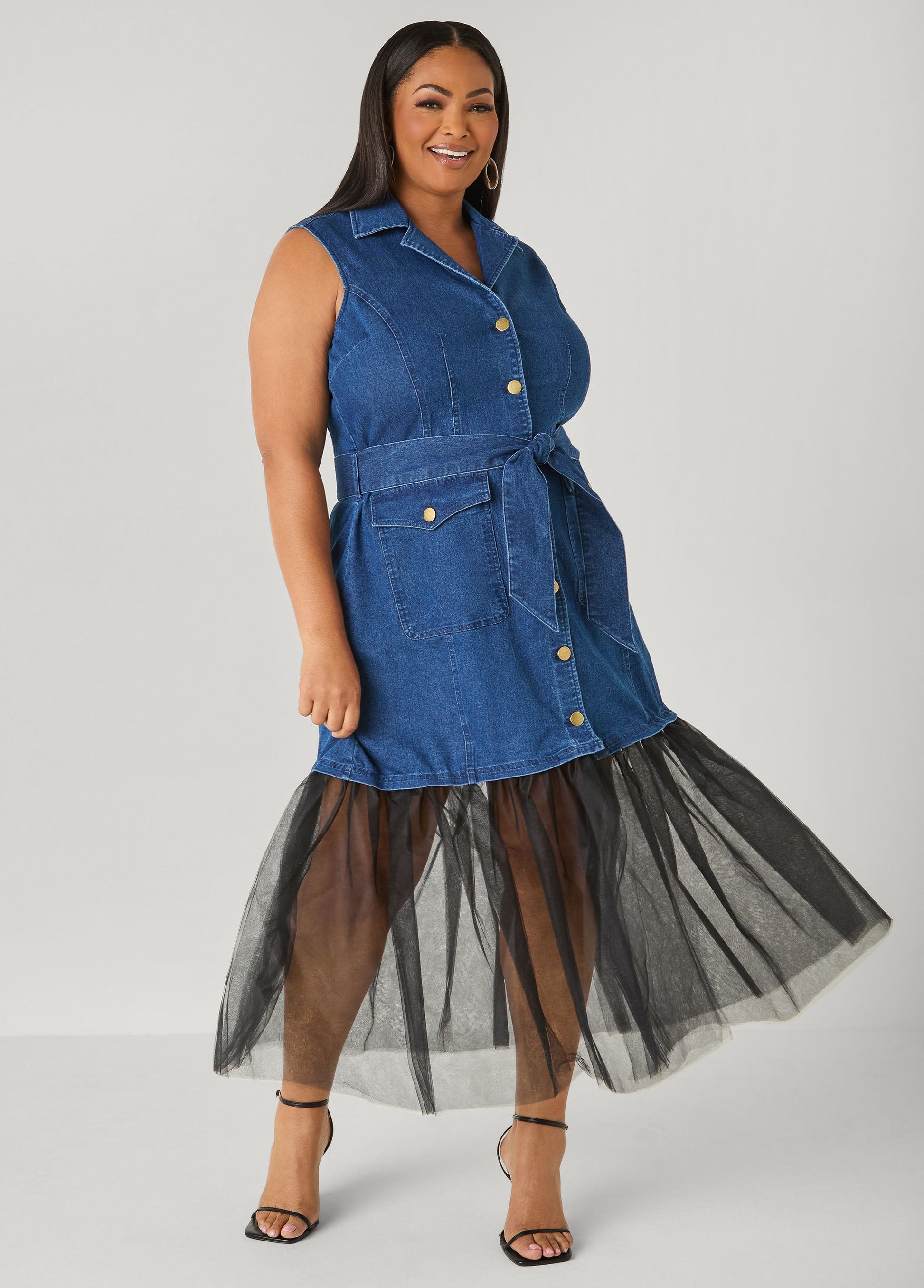 Ashley Stewart Tulle Paneled Denim Maxi Dress Dk Rinse