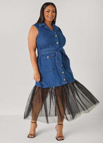 Ashley Stewart Tulle Paneled Denim Maxi Dress Dk Rinse