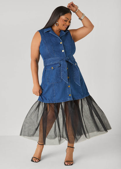 Ashley Stewart Tulle Paneled Denim Maxi Dress Dk Rinse