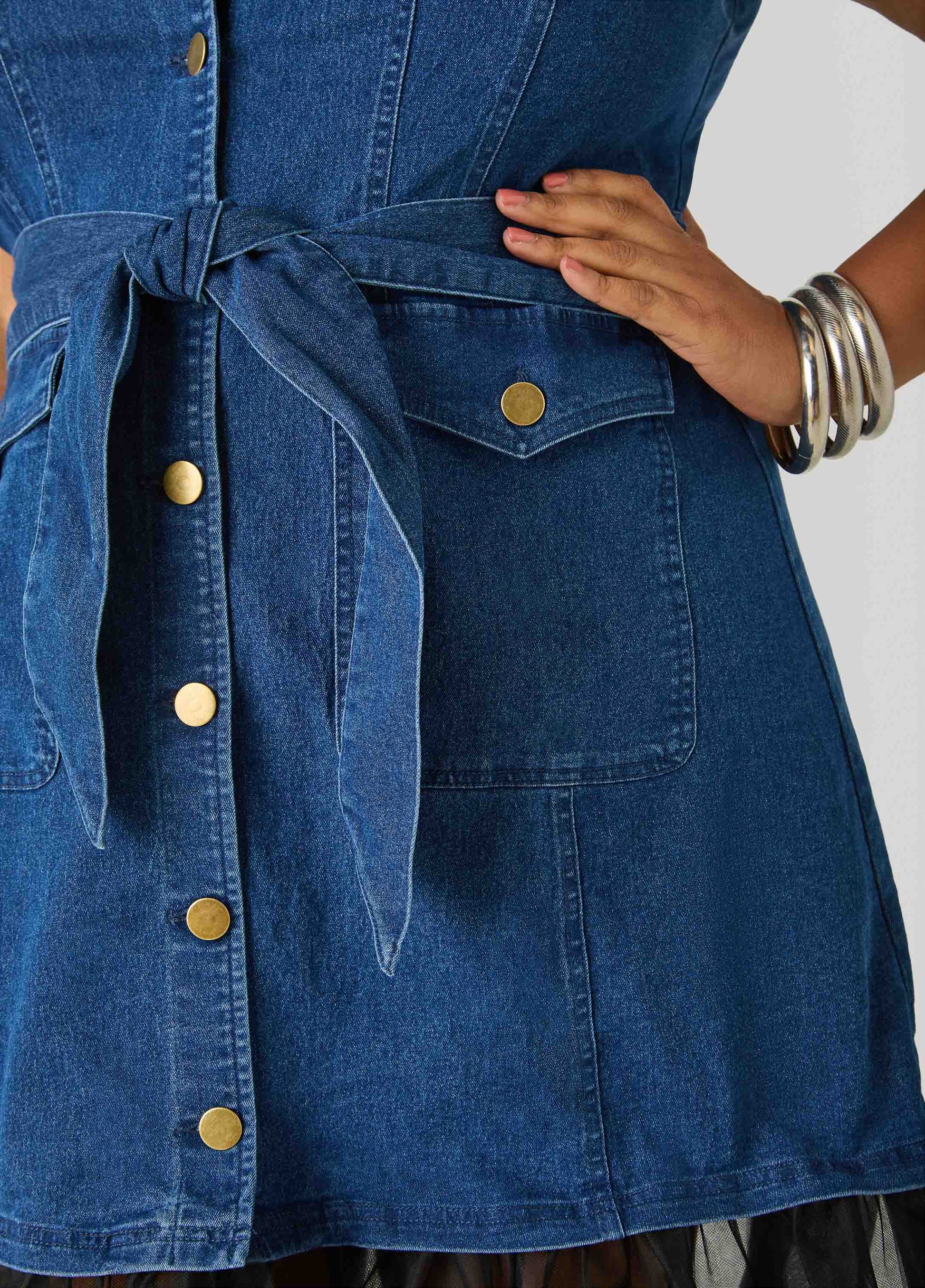 Ashley Stewart Tulle Paneled Denim Maxi Dress Dk Rinse