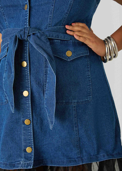 Ashley Stewart Tulle Paneled Denim Maxi Dress Dk Rinse
