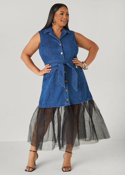 Ashley Stewart Tulle Paneled Denim Maxi Dress Dk Rinse