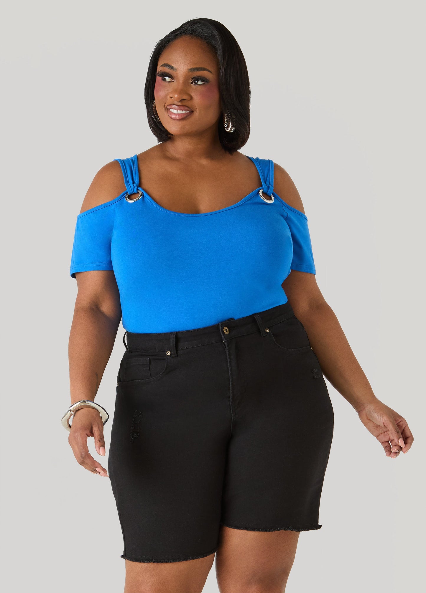 Ashley Stewart Grommet Cold Shoulder Top Victoria Blue