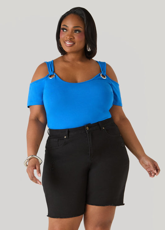 Ashley Stewart Grommet Cold Shoulder Top Victoria Blue