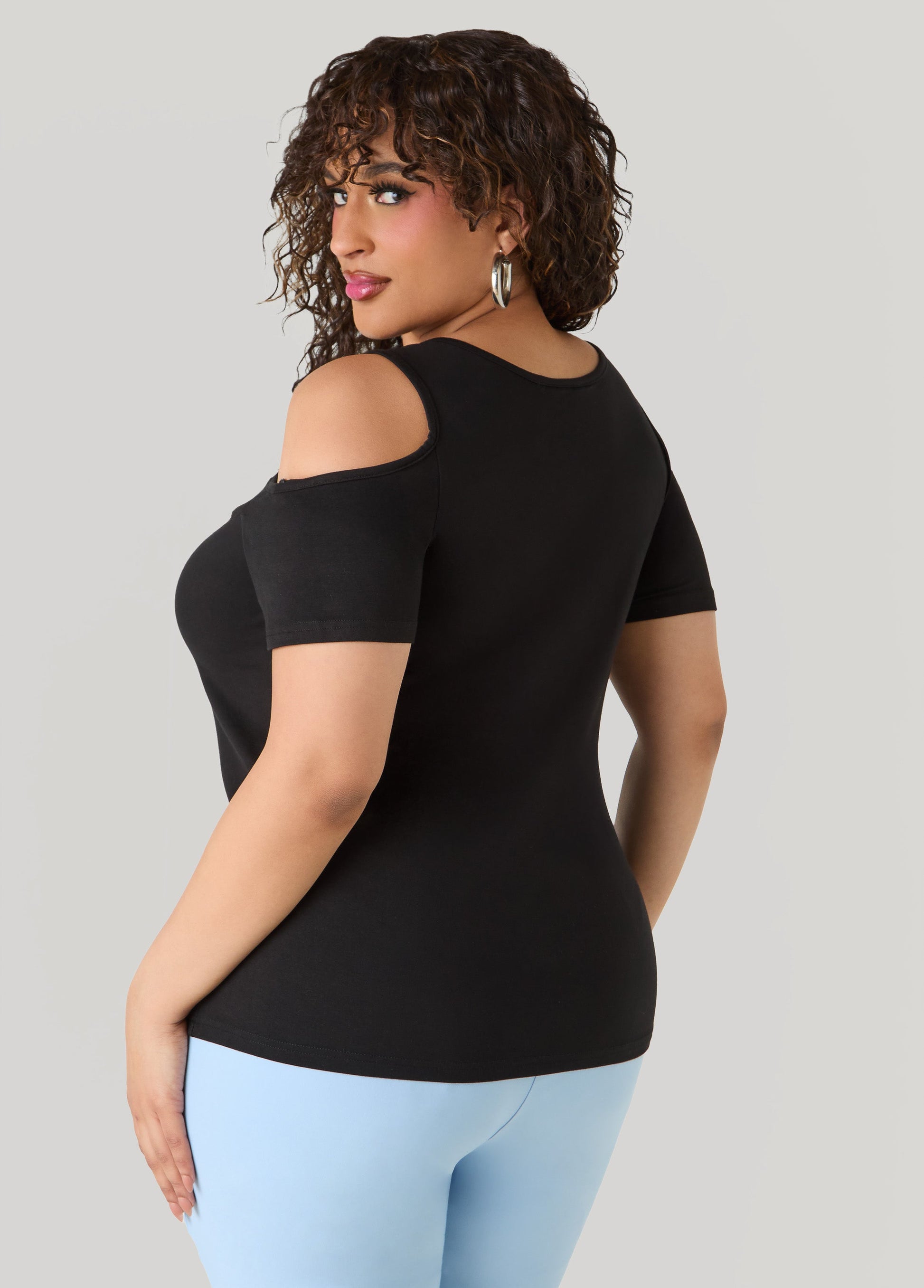 Ashley Stewart Grommet Cold Shoulder Top Victoria Blue