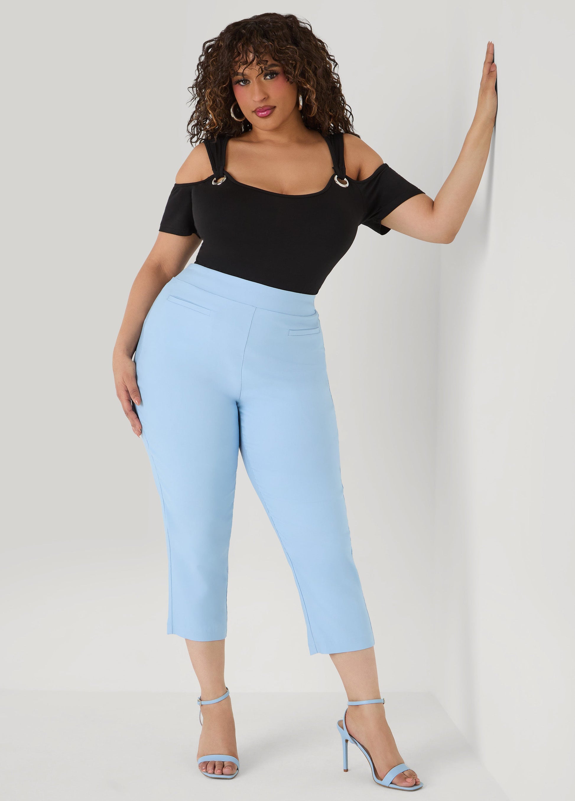 Ashley Stewart Grommet Cold Shoulder Top Victoria Blue