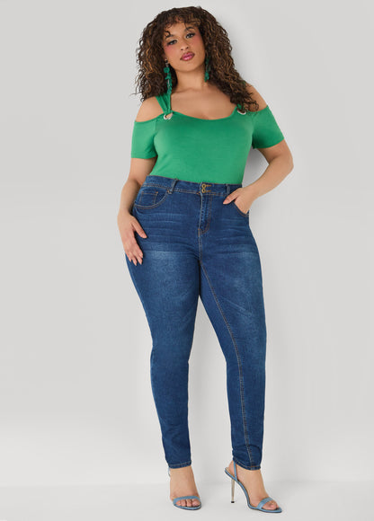 Ashley Stewart Grommet Cold Shoulder Top Victoria Blue