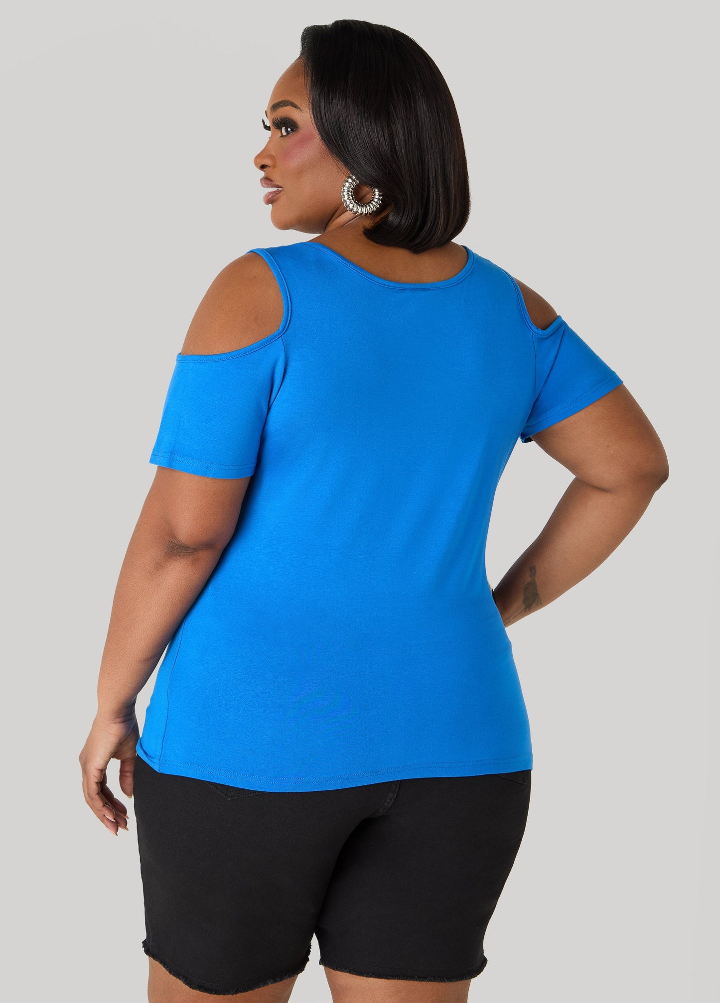 Ashley Stewart Grommet Cold Shoulder Top Victoria Blue