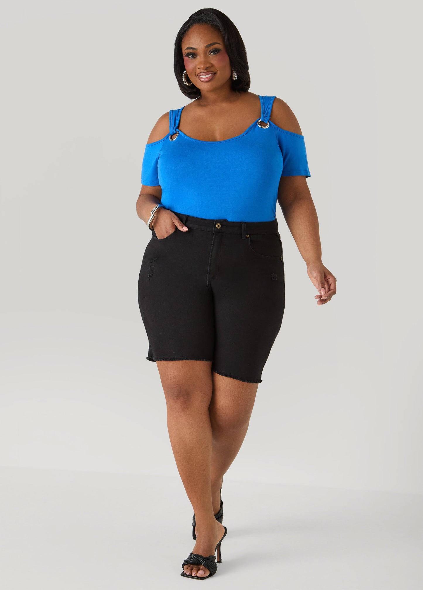 Ashley Stewart Grommet Cold Shoulder Top Victoria Blue