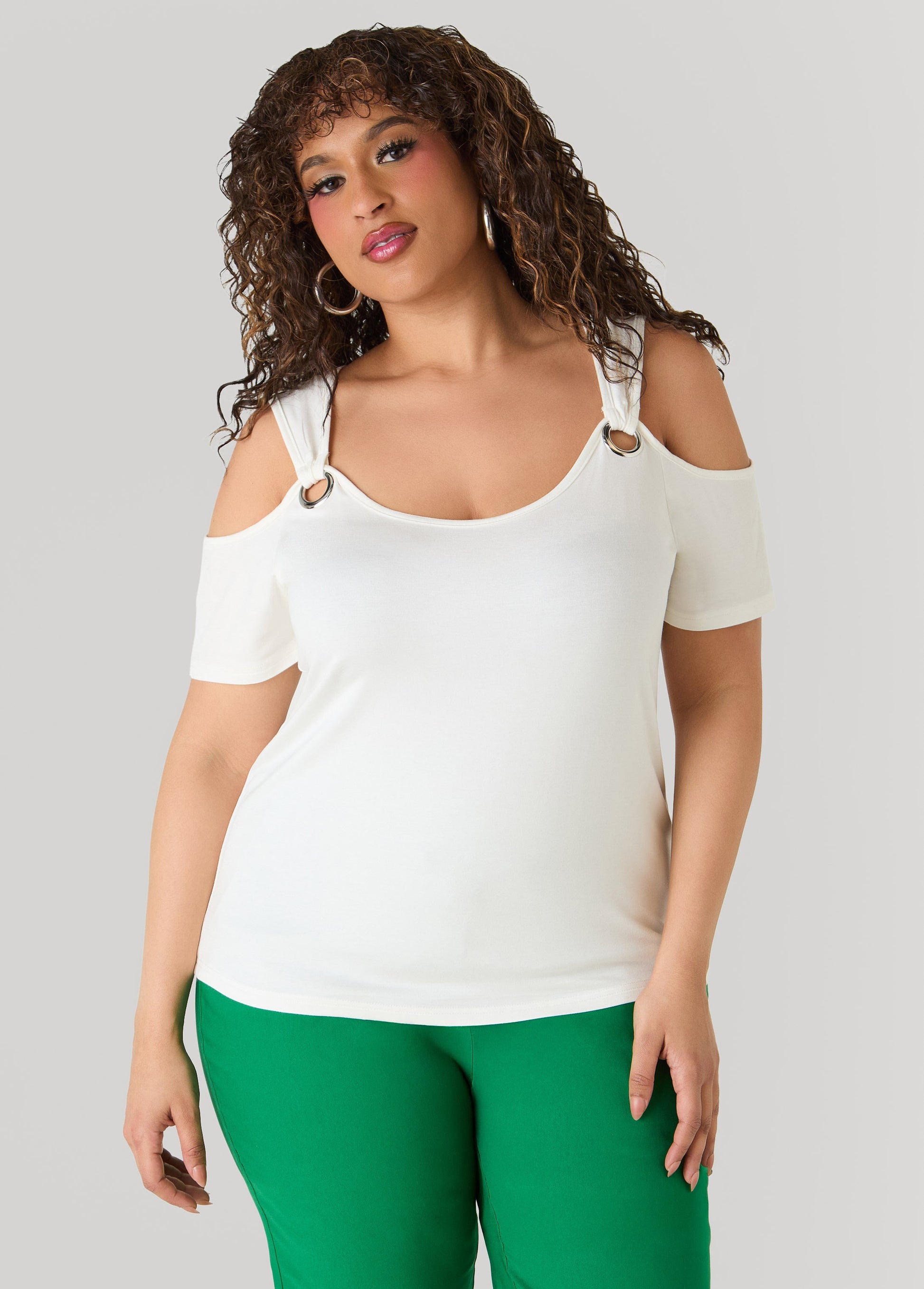 Ashley Stewart Grommet Cold Shoulder Top Victoria Blue