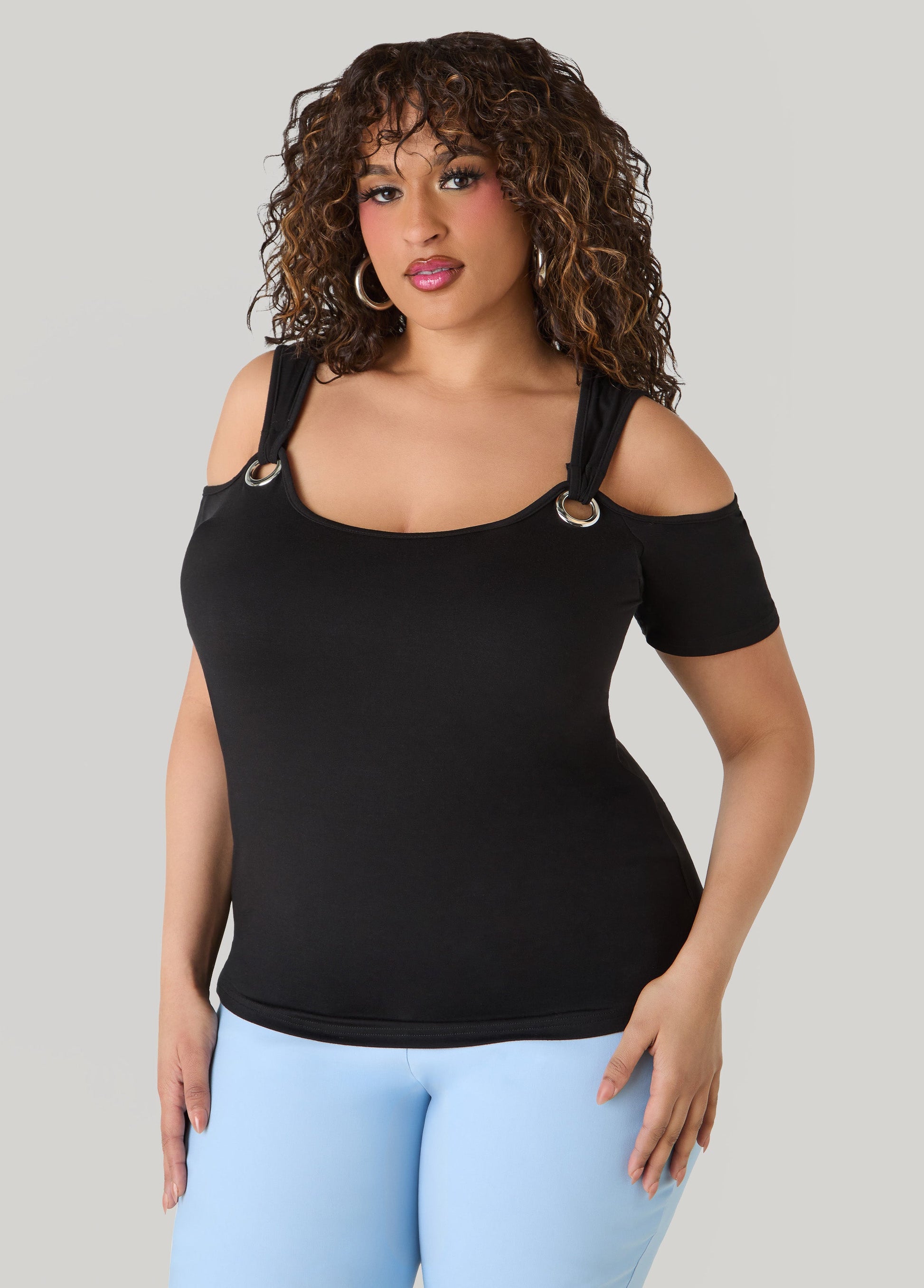 Ashley Stewart Grommet Cold Shoulder Top Victoria Blue