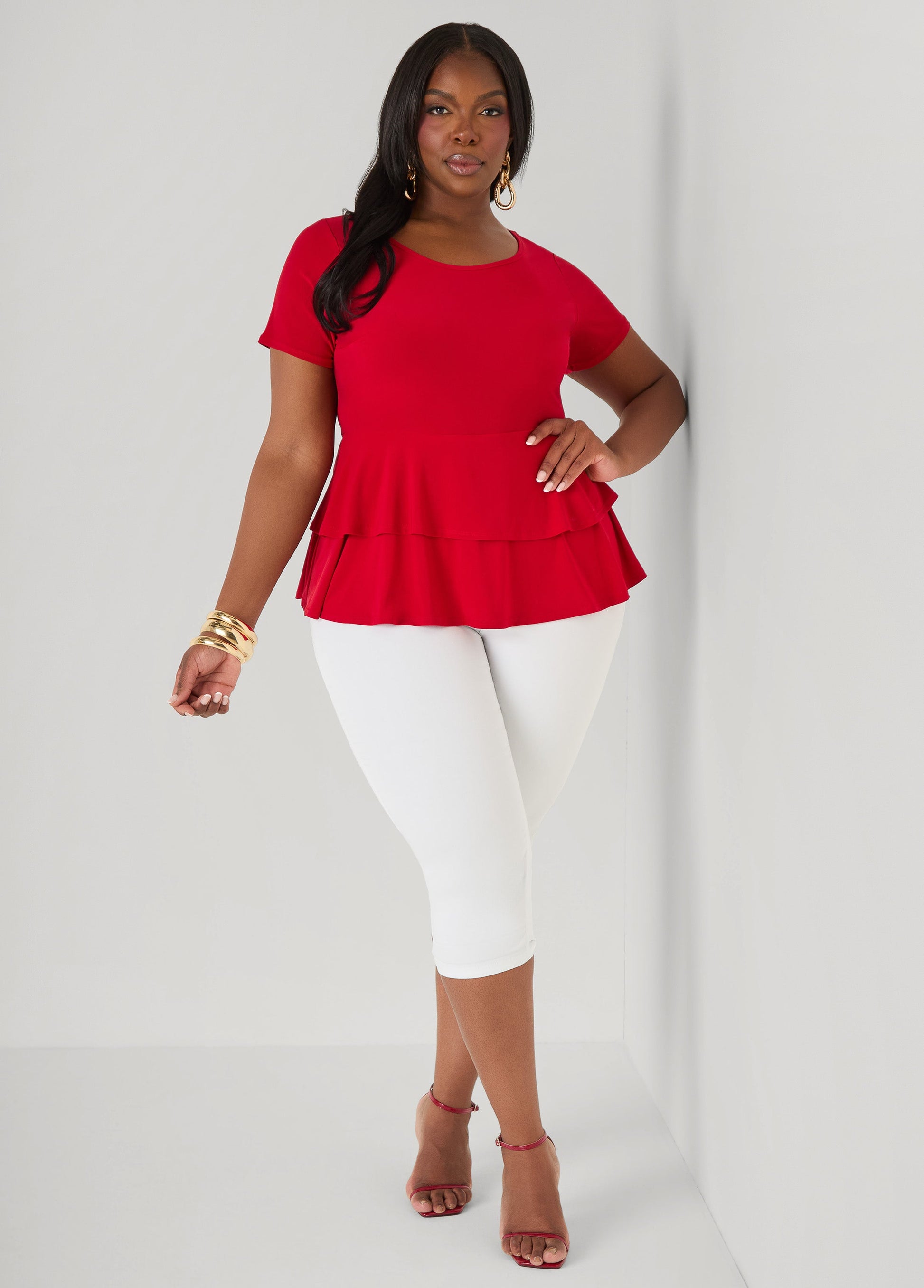 Ashley Stewart Tiered Peplum Top Red
