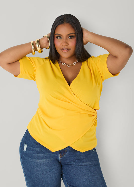 Ashley Stewart Embellished Faux Wrap Top Spectra Yellow