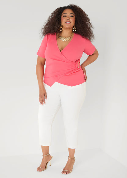 Ashley Stewart Embellished Faux Wrap Top Spectra Yellow