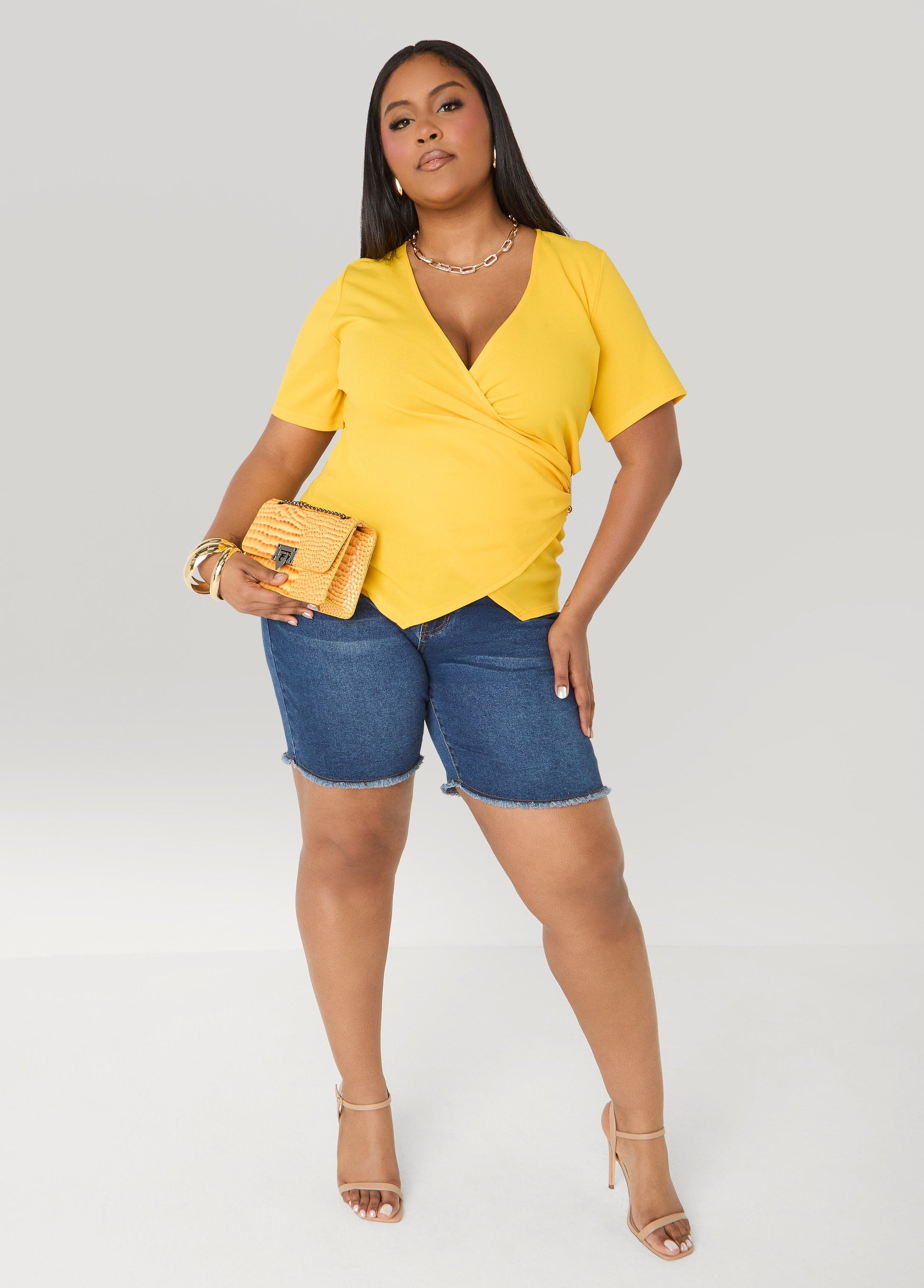 Ashley Stewart Embellished Faux Wrap Top Spectra Yellow