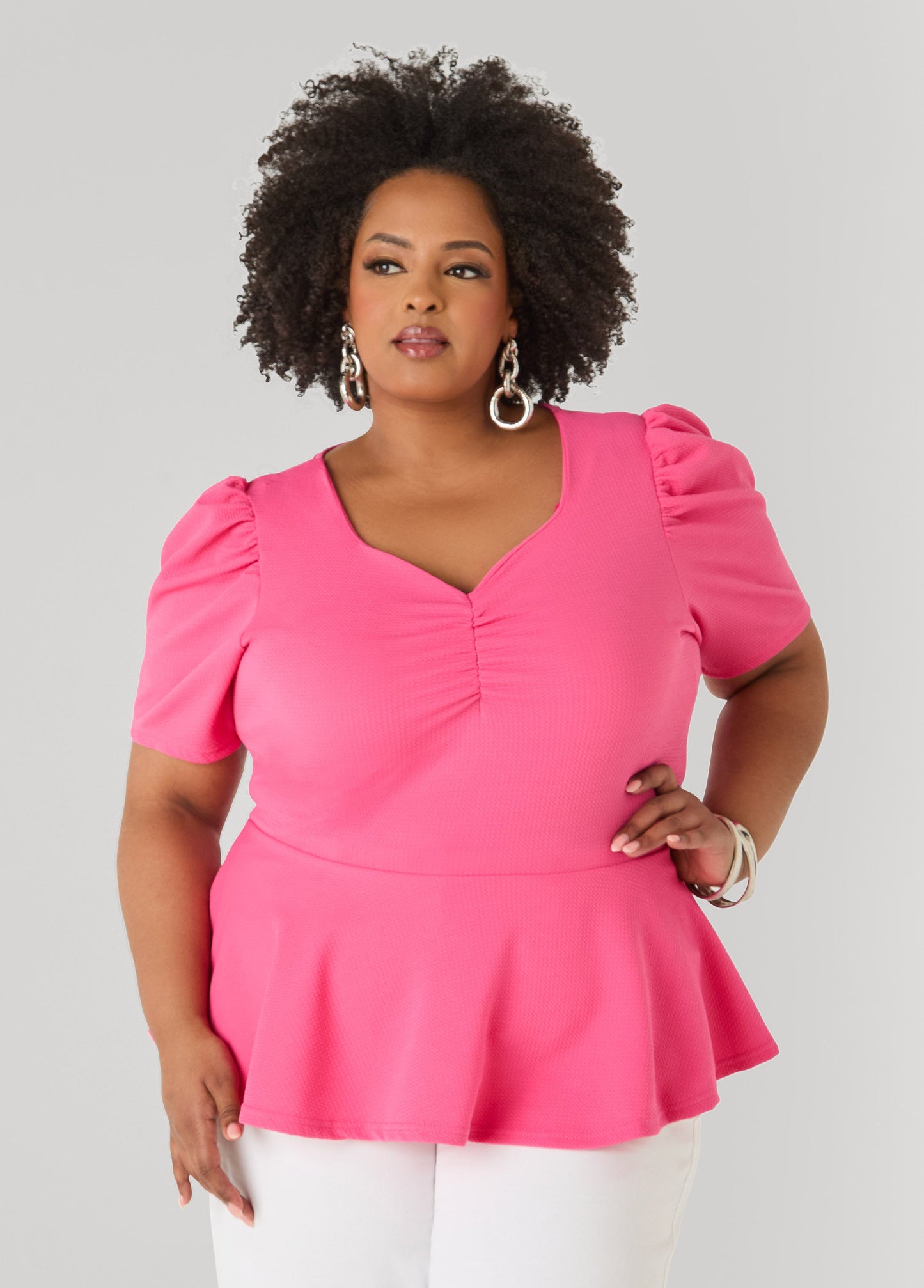 Ashley Stewart Puff Sleeved Textured Peplum Top Fandango Pink