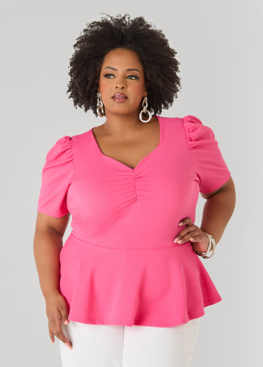 Ashley Stewart Puff Sleeved Textured Peplum Top Fandango Pink