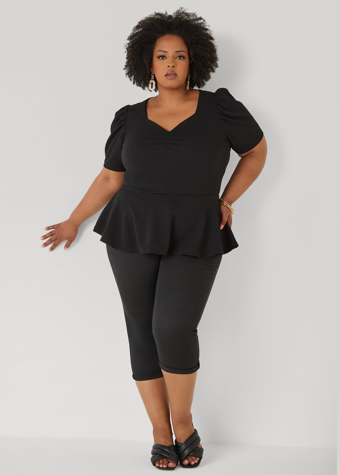 Ashley Stewart Puff Sleeved Textured Peplum Top Fandango Pink