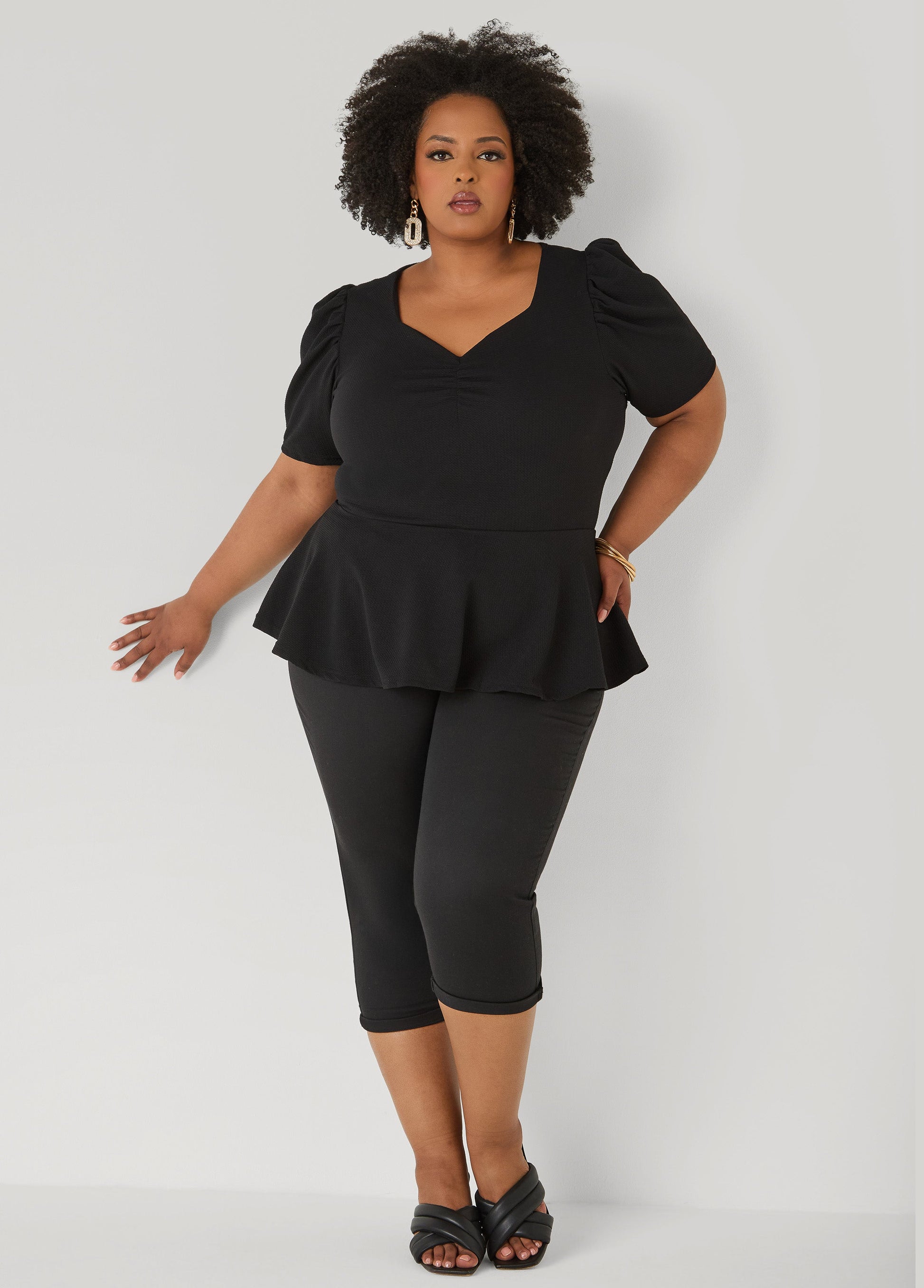 Ashley Stewart Puff Sleeved Textured Peplum Top Fandango Pink
