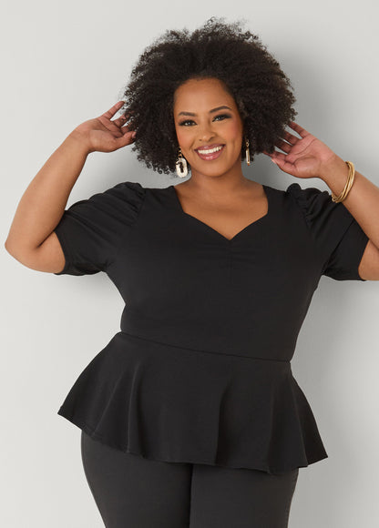 Ashley Stewart Puff Sleeved Textured Peplum Top Fandango Pink