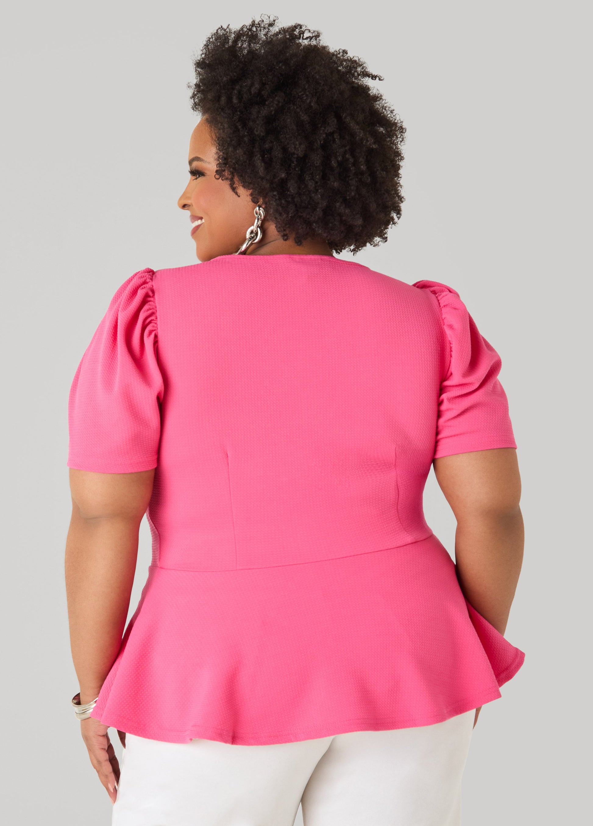 Ashley Stewart Puff Sleeved Textured Peplum Top Fandango Pink