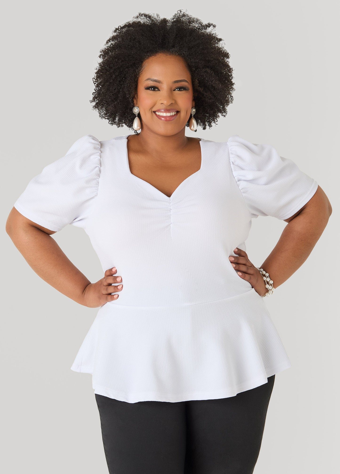 Ashley Stewart Puff Sleeved Textured Peplum Top Fandango Pink
