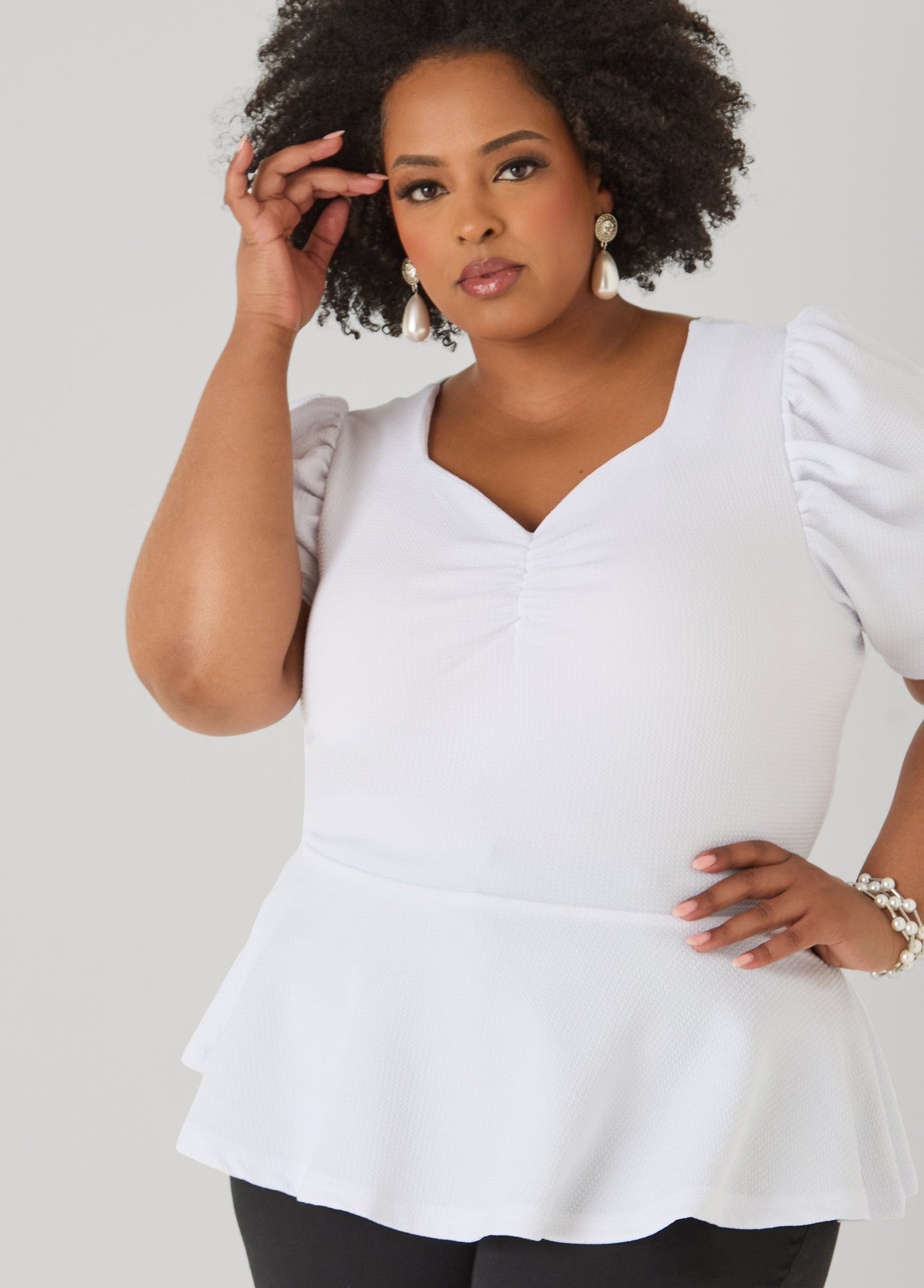 Ashley Stewart Puff Sleeved Textured Peplum Top Fandango Pink