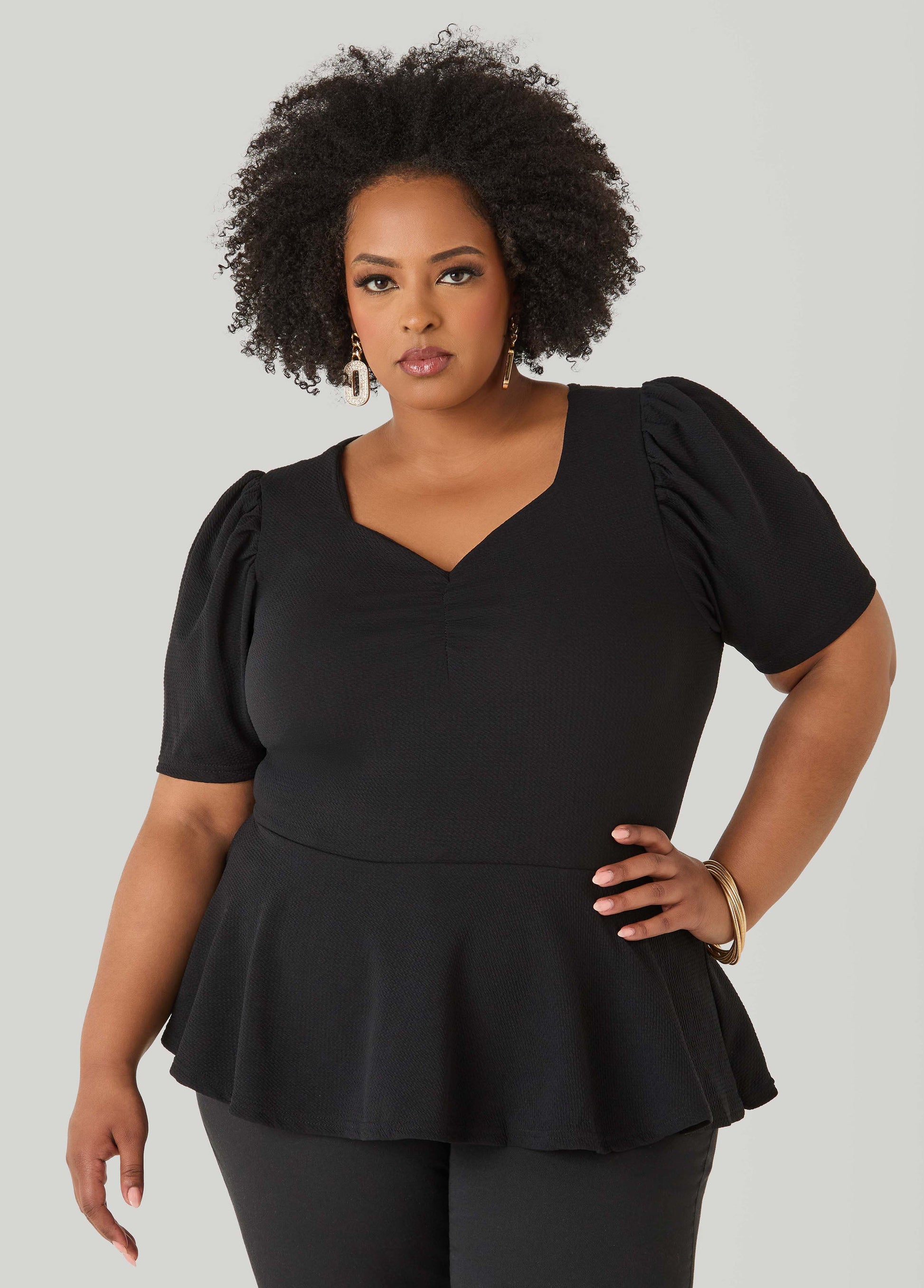 Ashley Stewart Puff Sleeved Textured Peplum Top Fandango Pink