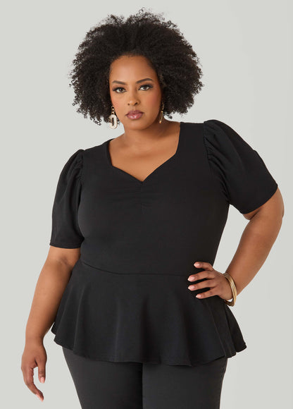 Ashley Stewart Puff Sleeved Textured Peplum Top Fandango Pink