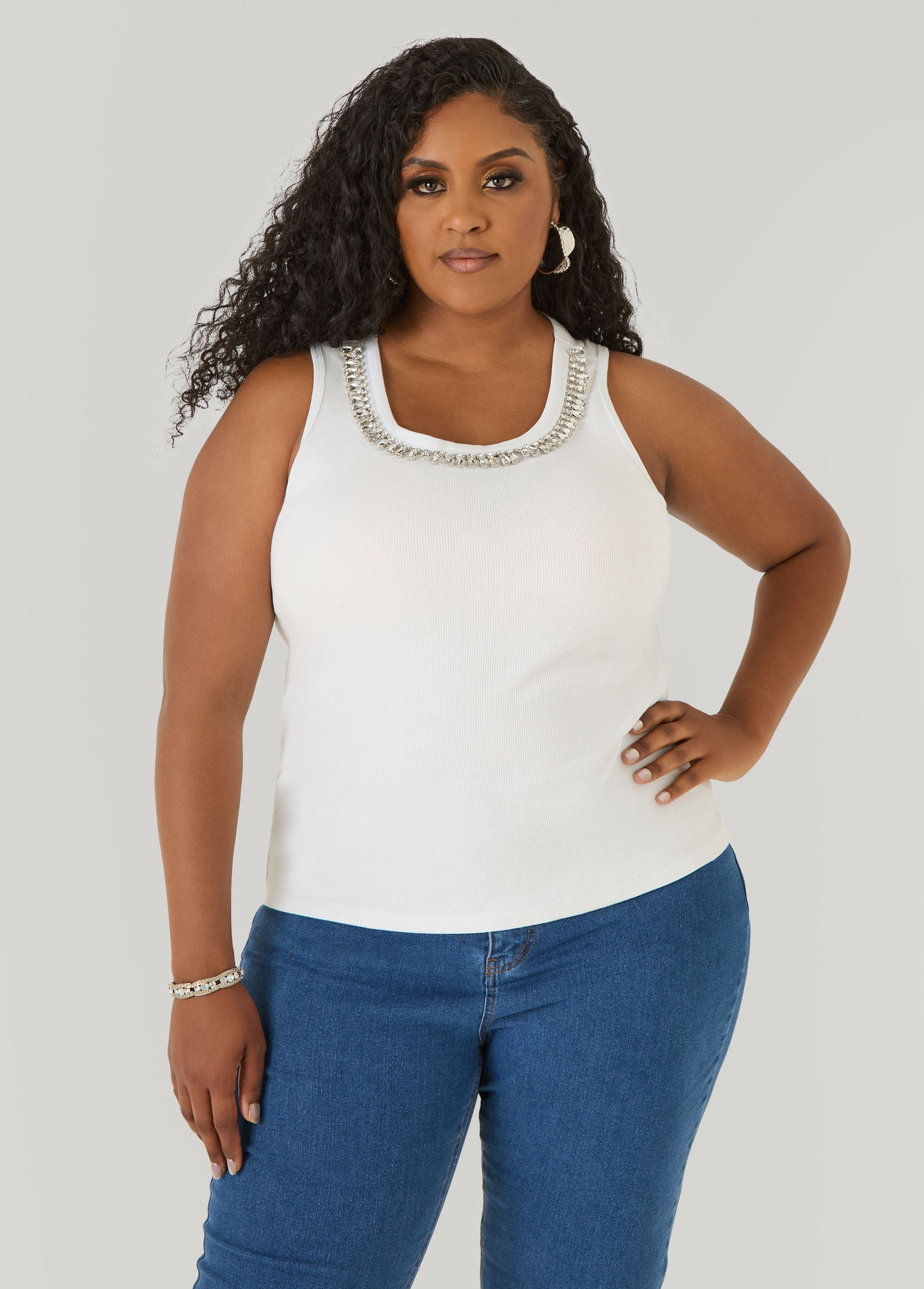 Ashley Stewart Crystal Ribbed Tank Top White