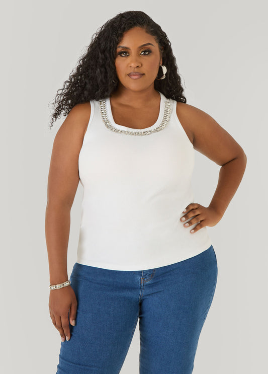 Ashley Stewart Crystal Ribbed Tank Top White