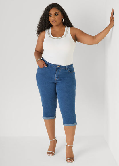 Ashley Stewart Crystal Ribbed Tank Top White