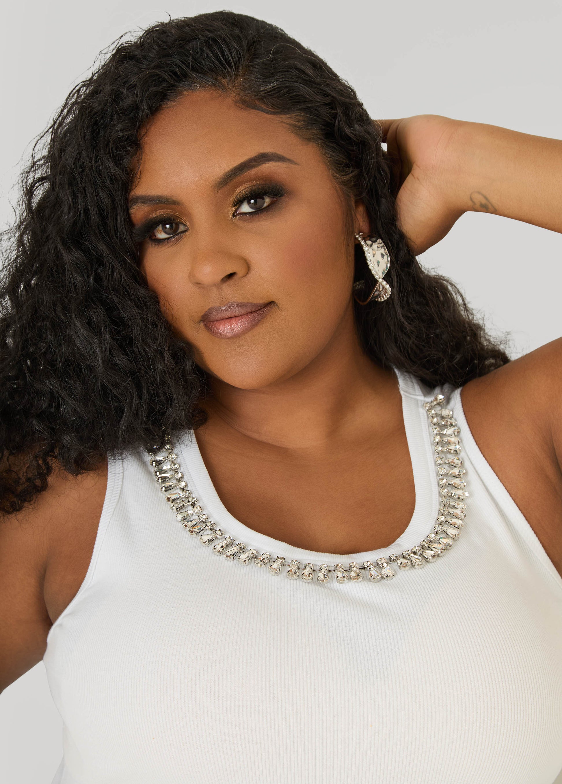 Ashley Stewart Crystal Ribbed Tank Top White