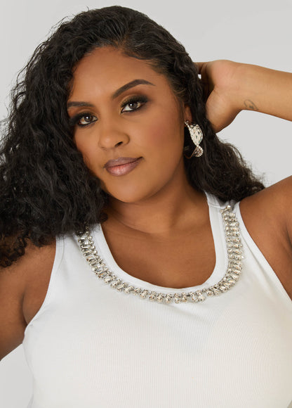 Ashley Stewart Crystal Ribbed Tank Top White