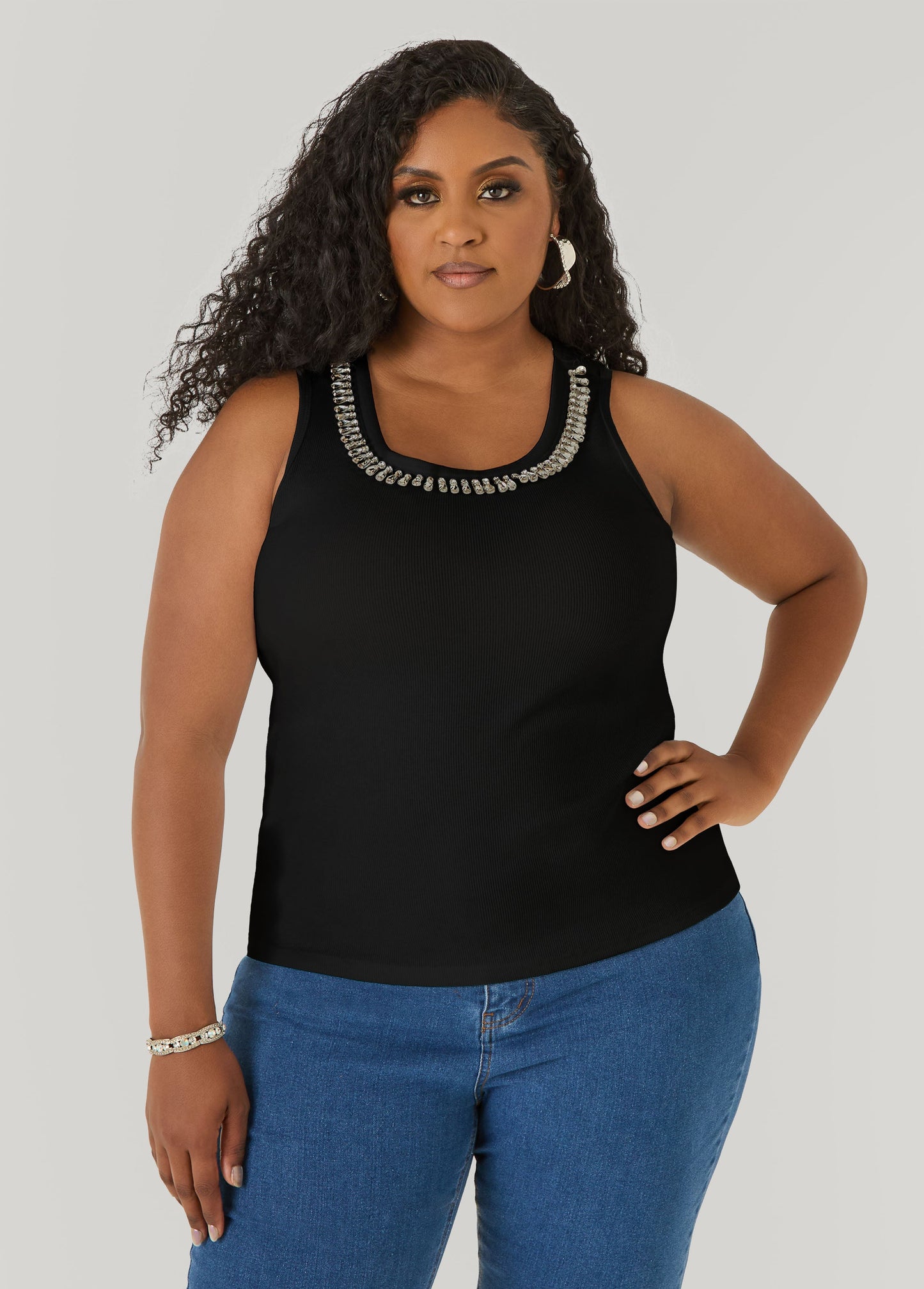 Ashley Stewart Crystal Ribbed Tank Top White