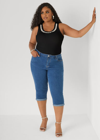 Ashley Stewart Crystal Ribbed Tank Top White