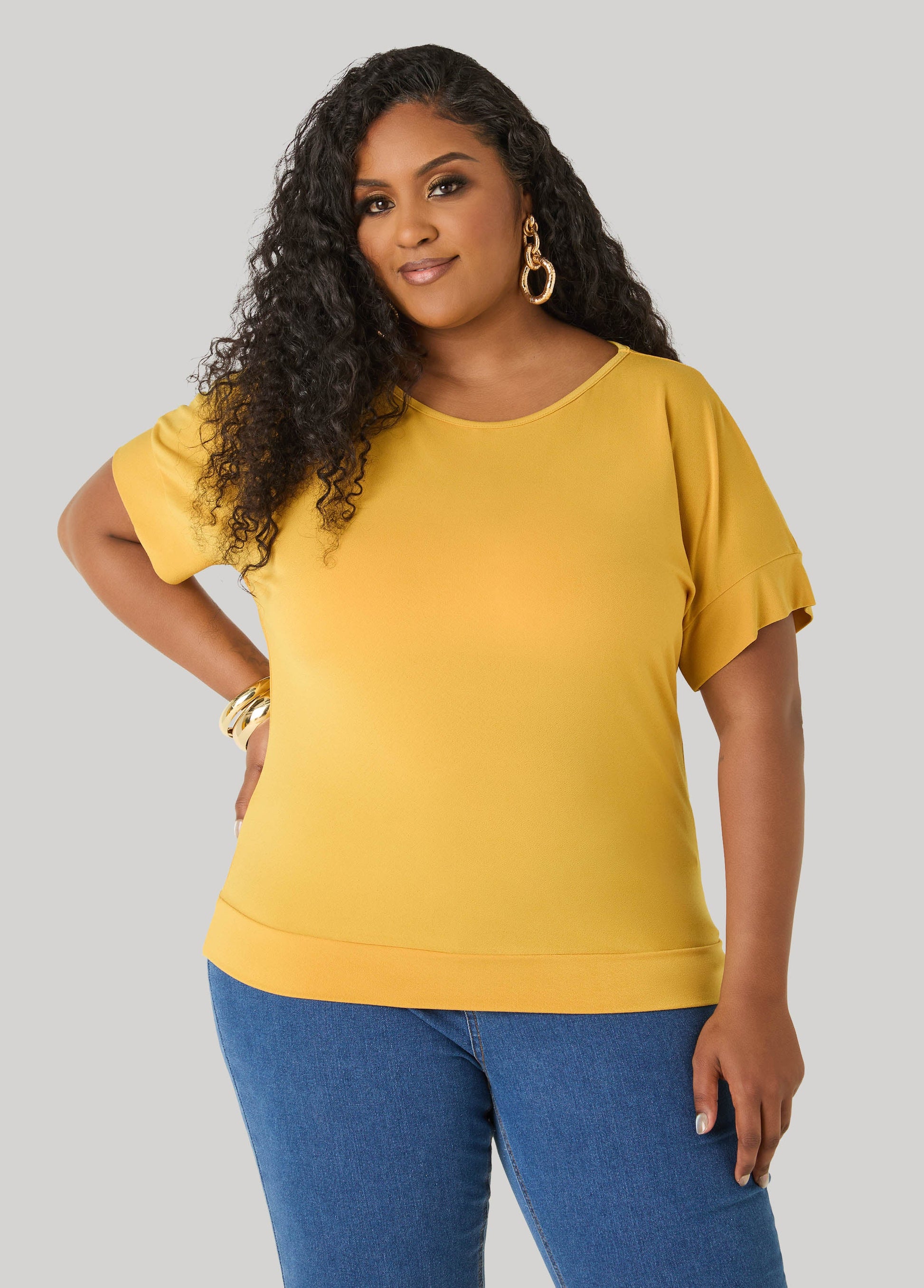 Ashley Stewart Dolman Sleeved Stretch Crepe Top Mustard