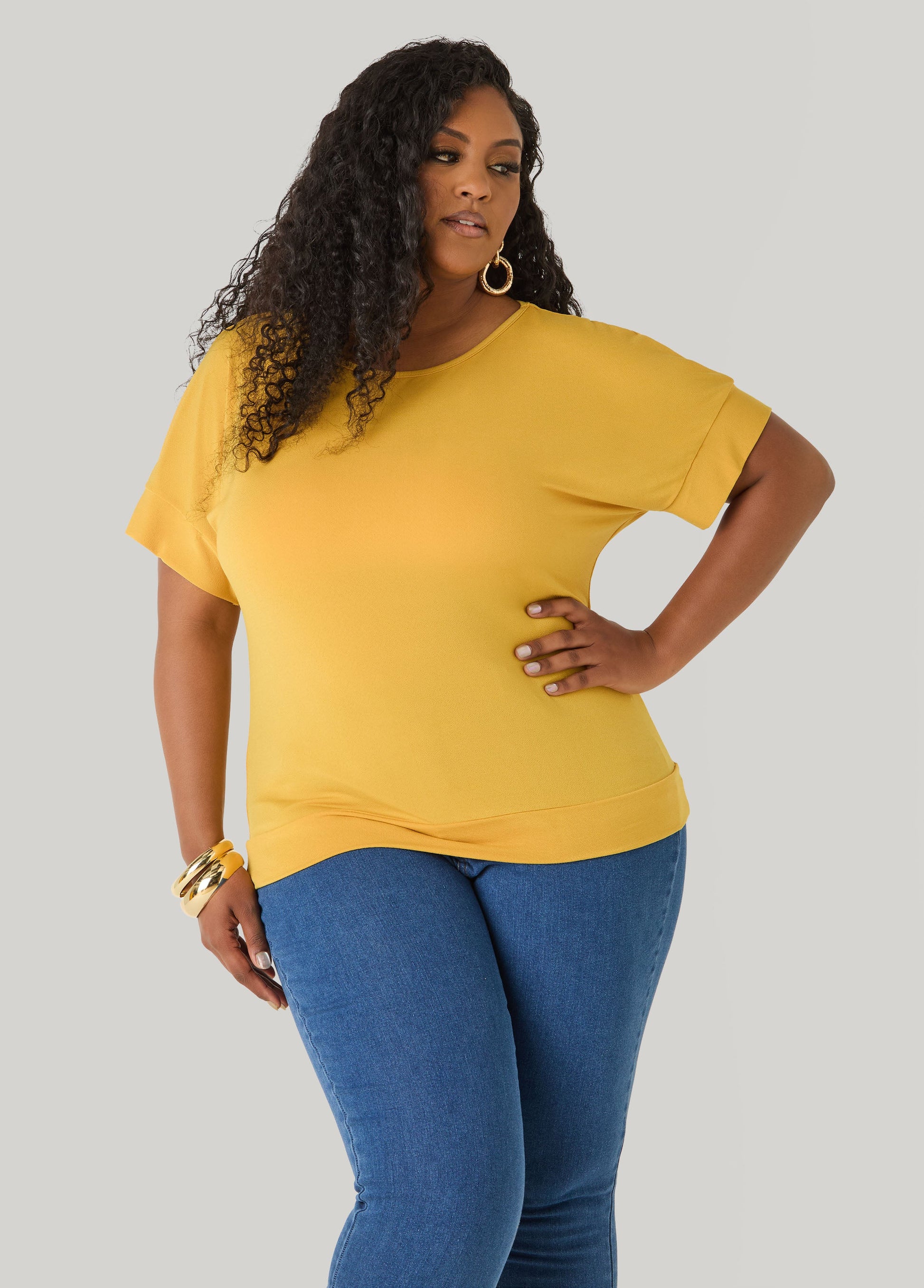 Ashley Stewart Dolman Sleeved Stretch Crepe Top Mustard