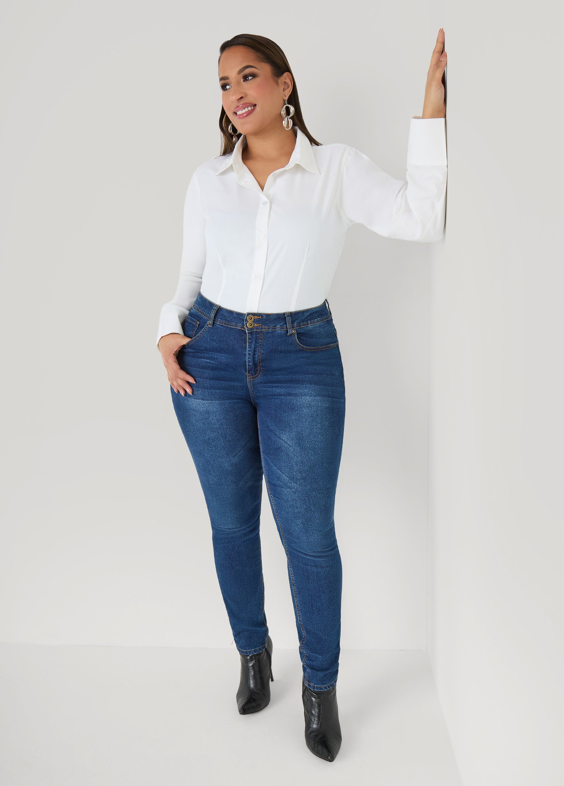Ashley Stewart Cotton Blend Collared Shirt White
