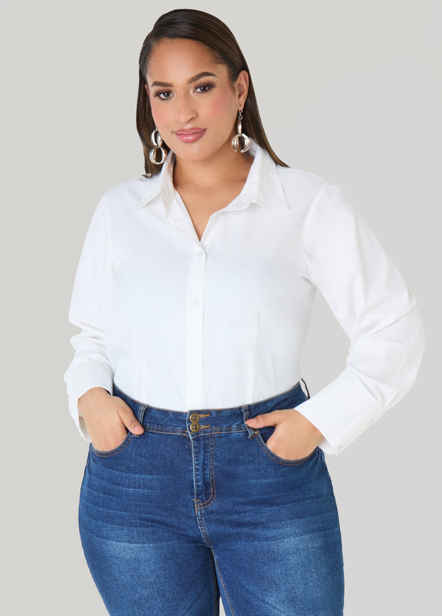 Ashley Stewart Tall Cotton Blend Collared Shirt White