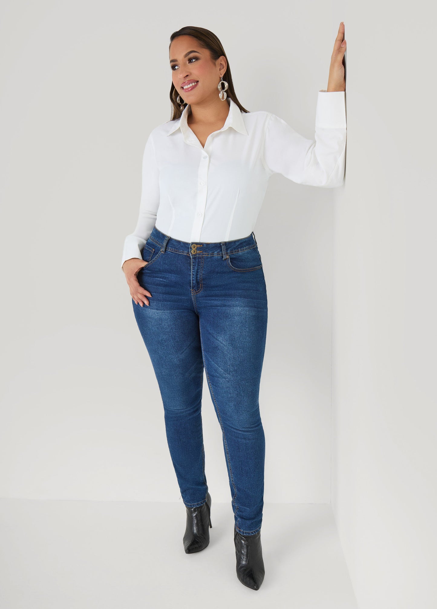 Ashley Stewart Tall Cotton Blend Collared Shirt White