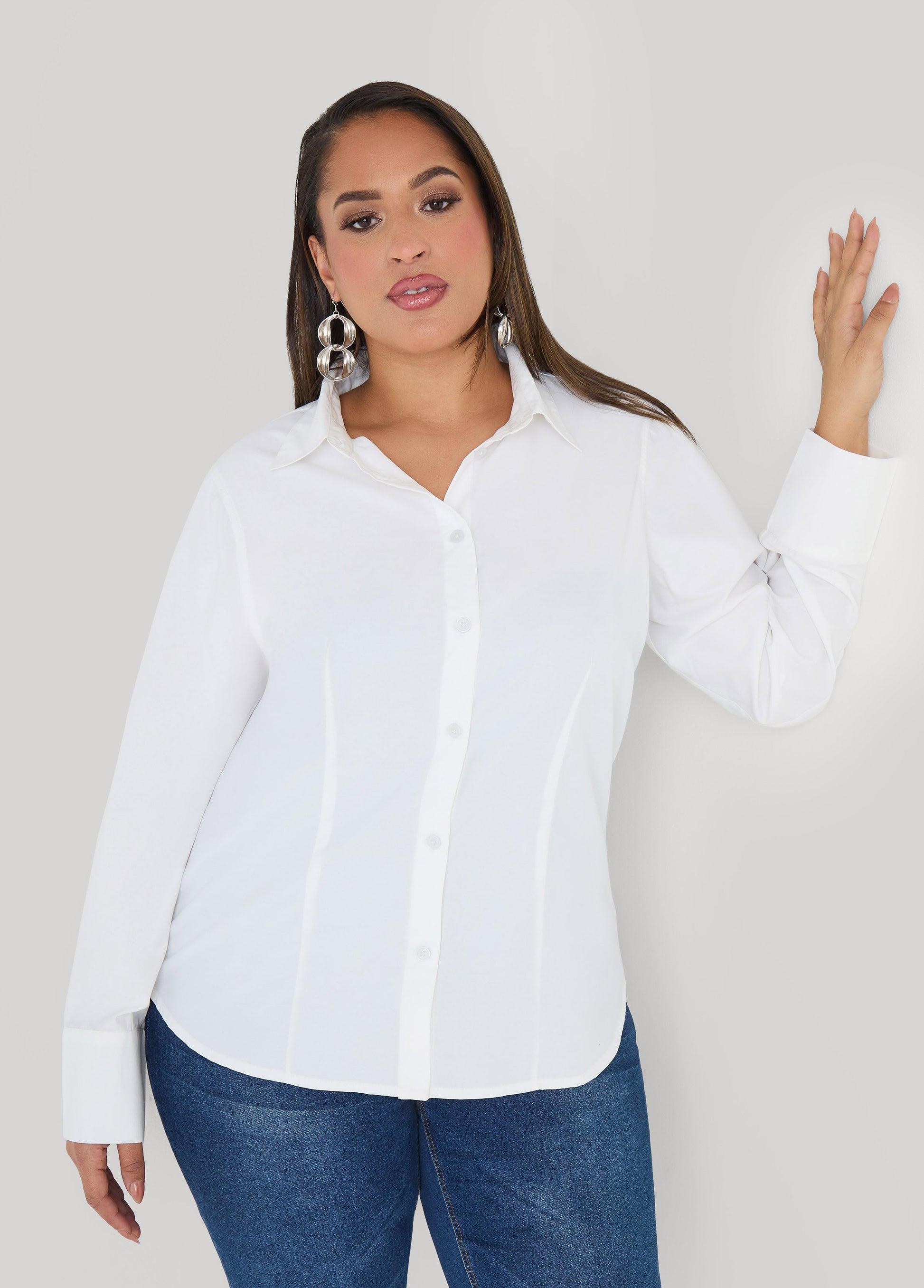 Ashley Stewart Tall Cotton Blend Collared Shirt White