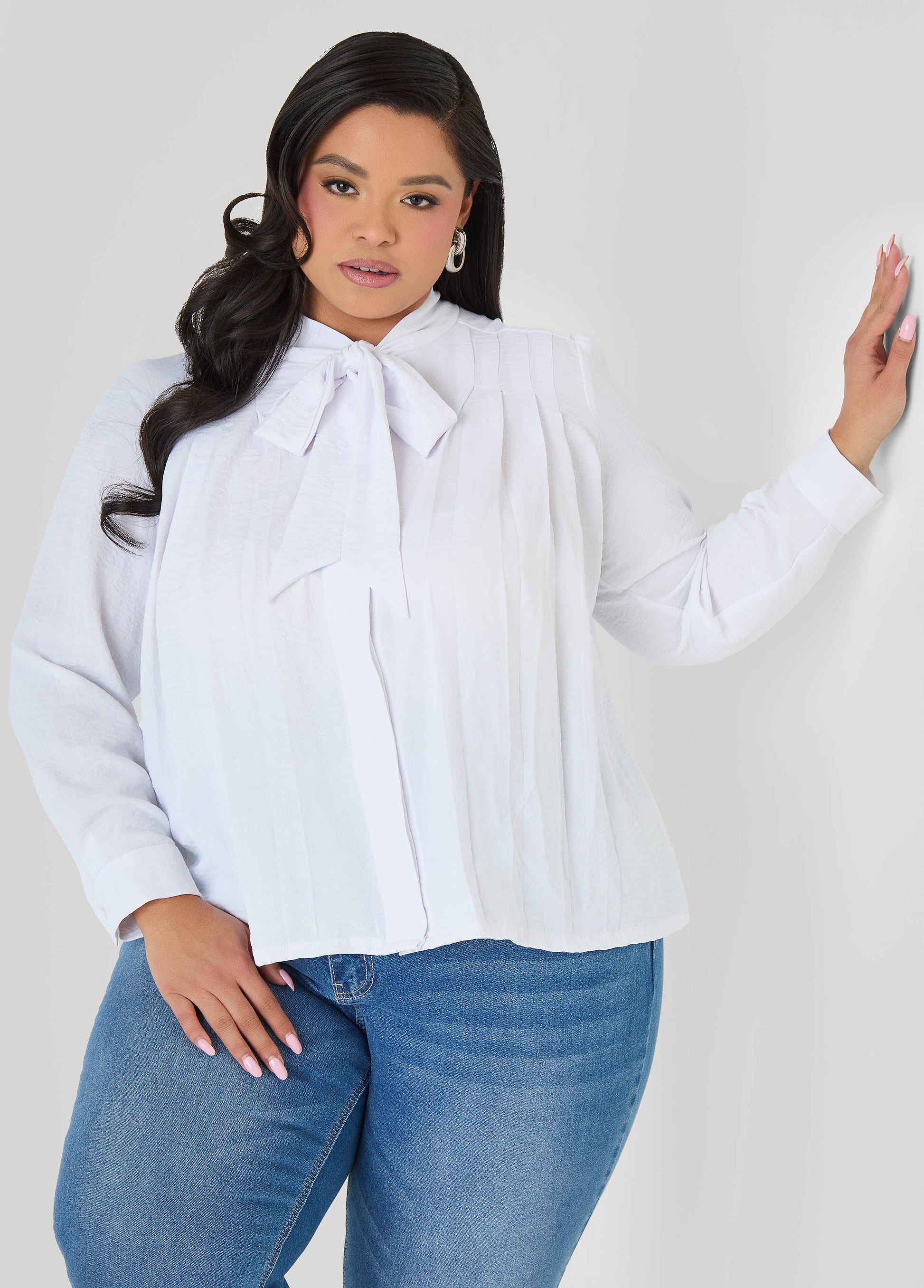Ashley Stewart Pleated Tie Neck Shirt White
