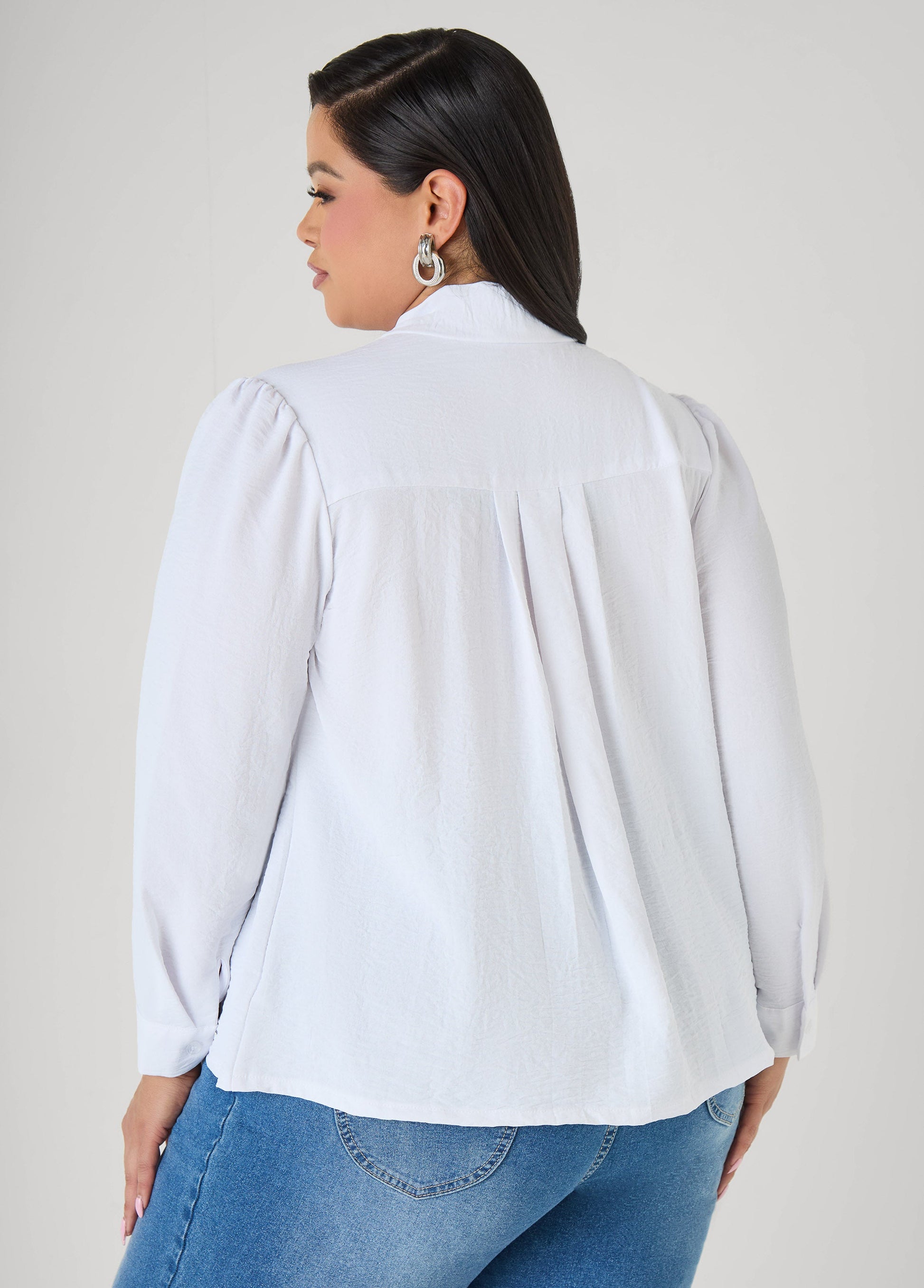 Ashley Stewart Pleated Tie Neck Shirt White