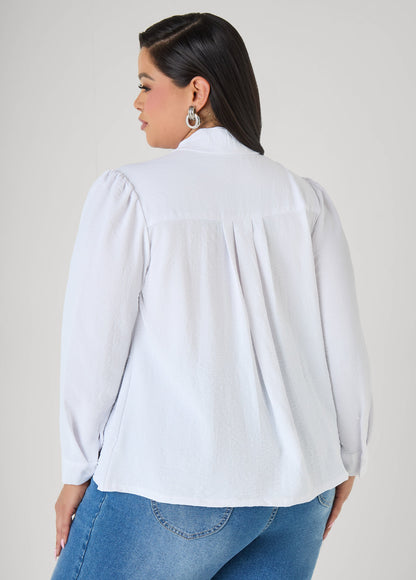 Ashley Stewart Pleated Tie Neck Shirt White