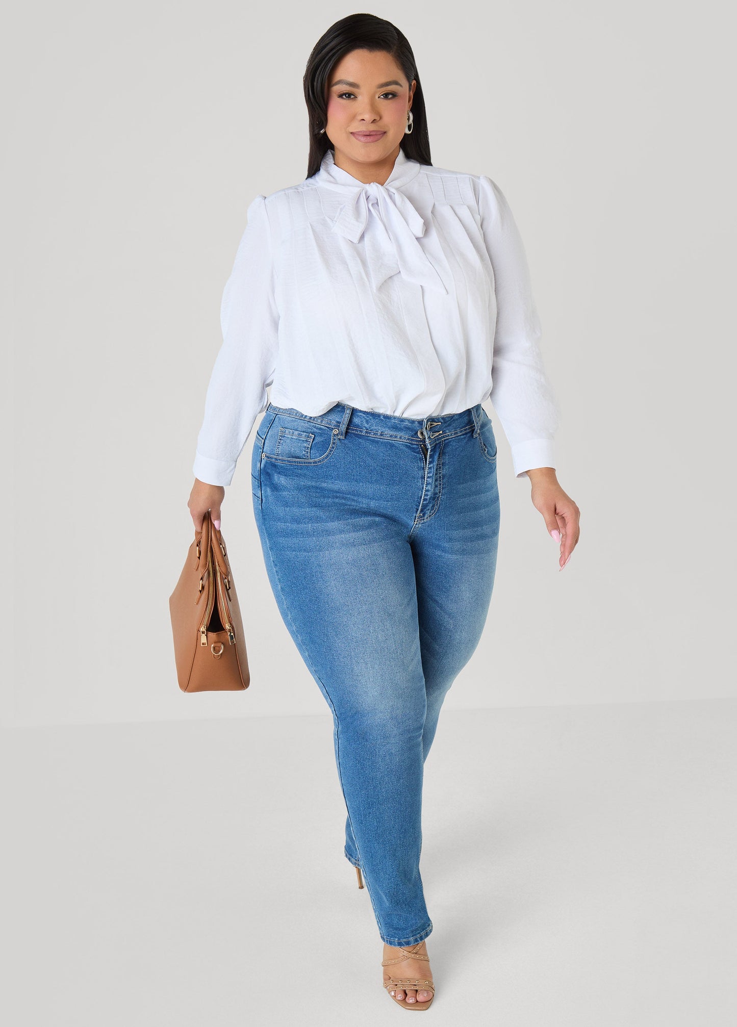 Ashley Stewart Pleated Tie Neck Shirt White