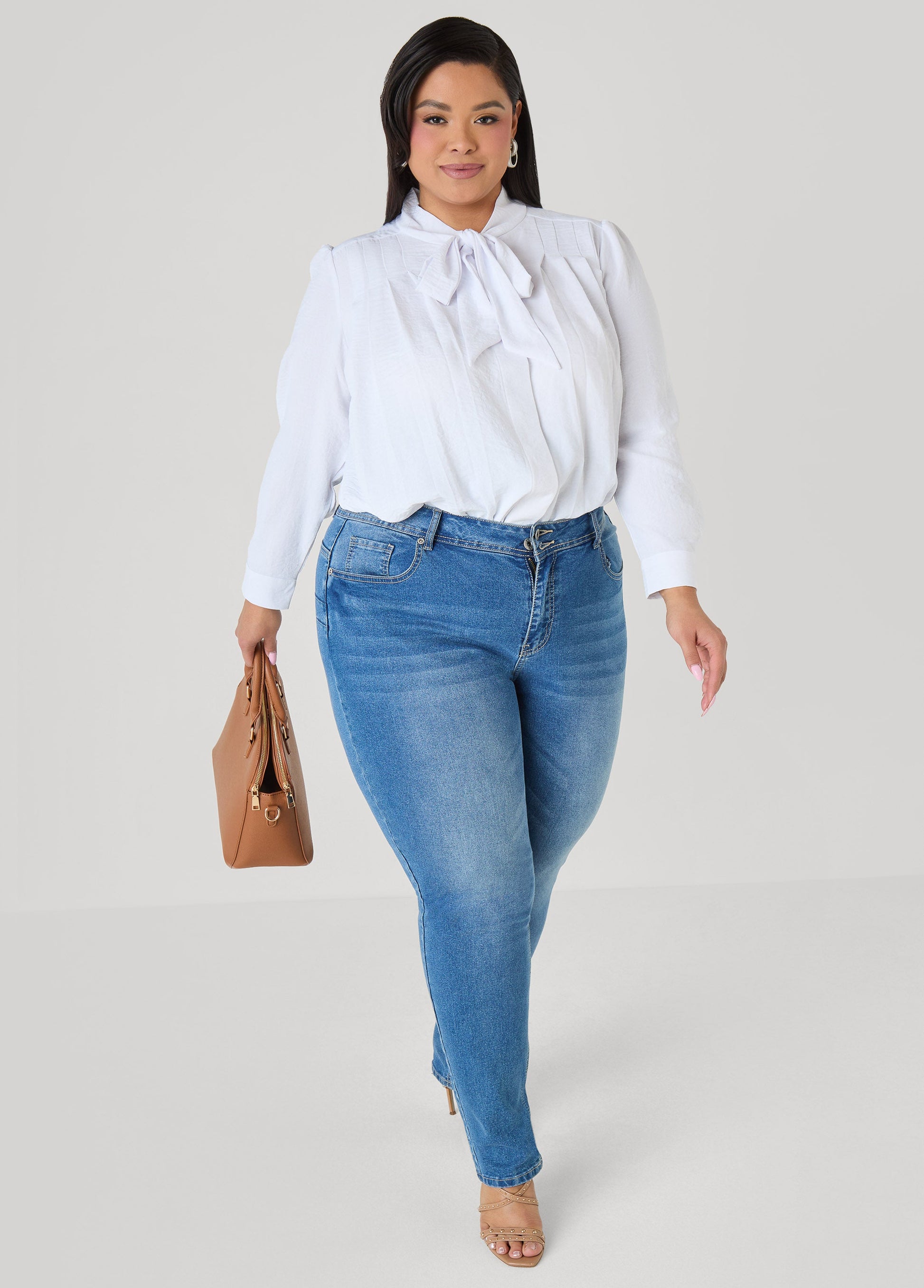 Ashley Stewart Pleated Tie Neck Shirt White