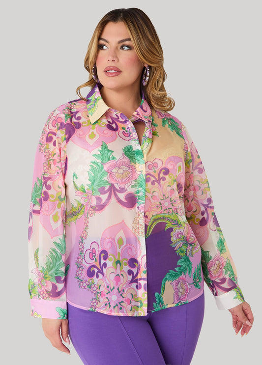 Ashley Stewart Floral Print Organza Shirt Multi