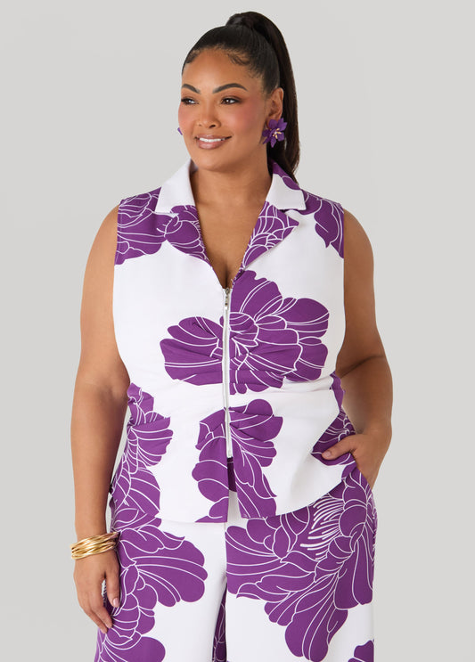 Ashley Stewart Ruched Floral Print Vest Pansy